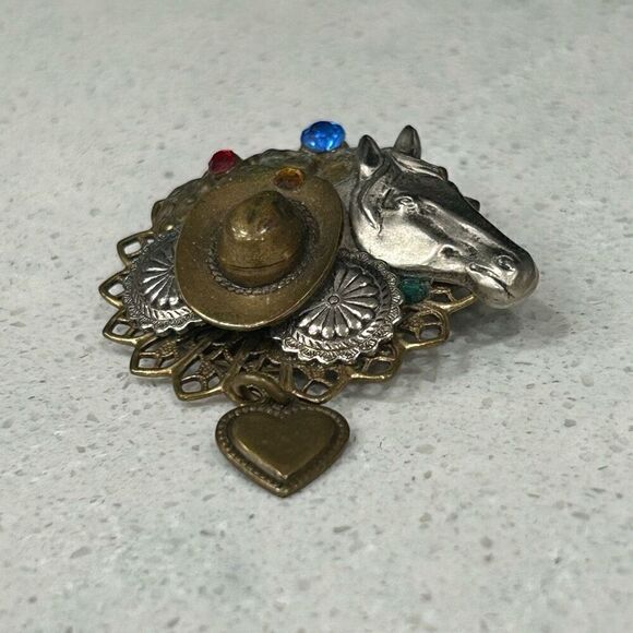 Vintage Horse Rodeo Theme Brooch Pin Silver & Gold-tone 3D Heart Charm - Picture 8 of 9